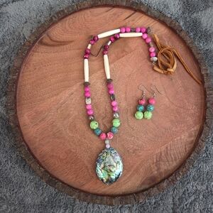 Handcrafted Pink & Green Beaded Necklace & Earrings Abalone Pendant Fairy Boho